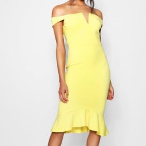 Yellow Off The Shoulder Frill Hem Midi Dress